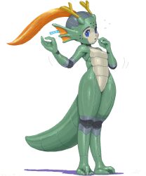  2012 aqua aqua_(copyright) blue_eyes d2s1 dragon_ears dragon_tail green_skin highres hips horns original robot shiny slit_pupils solo standing tail wide_hips 