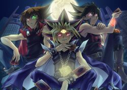  3boys black_hair blonde_hair brown_hair fudou_yuusei glowing glowing_eyes green_eyes heterochromia male male_focus moon multiple_boys mutou_yuugi night purple_eyes red_eyes red_hair short_hair sitting tattoo yu-gi-oh! yuki_judai yuu-gi-ou_duel_monsters yuuki_juudai 