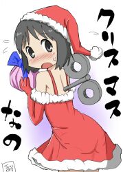  back bad_id bad_pixiv_id black_hair blush elbow_gloves female from_behind gloves hat looking_back nichijou open_mouth red_gloves santa_costume shinonome_nano short_hair solo sweatdrop translated winding_key zubatto_(makoto) 