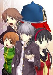  2girls 3boys amagi_yukiko ascot bad_id bad_pixiv_id black_hair brown_eyes brown_hair grey_eyes grey_hair hairband hanamura_yousuke highres jacket kuma_(persona_4) long_hair multiple_boys multiple_girls narukami_yuu open_mouth persona persona_4 samuraig satonaka_chie short_hair smile 