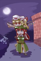  2girls :d :o blonde_hair blue_eyes breasts brick_wall bush carrying chibi china_dress chinese_clothes commentary_request crescent_moon dress flandre_scarlet hat hong_meiling medium_breasts moon multiple_girls night nohashi_(travel_frontier) oerba_yun_fang open_mouth pants pants_under_dress pointing red_eyes red_hair shoulder_carry side_ponytail sky smile star_(sky) star_(symbol) starry_sky touhou walking wings 