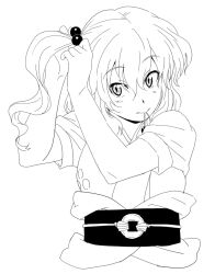  adjusting_hair bad_id bad_pixiv_id female greyscale hair_bobbles hair_ornament hairdressing ikuya_koimori line_art monochrome mouth_hold onozuka_komachi side_ponytail solo touhou upper_body 