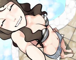  barefoot bikini bikini_top breasts brown_hair cleavage closed_eyes denim denim_shorts feet happy legs pokemon pokemon_(game) pokemon_black_and_white pokemon_bw scathegrapes self_shot shorts smile solo swimsuit touko_(pokemon) 