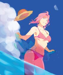  bikini blue_eyes breasts cleavage cloud female grin hat kk001 midriff naruto navel pink_hair sakura_haruno sky smile solo swimsuit water 