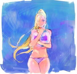  bikini blonde_hair blue_eyes female grin hair_over_one_eye ino_yamanaka kk001 long_hair midriff naruto navel smile solo swimsuit very_long_hair wide_hips 