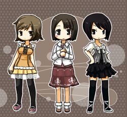  3girls asou_misaki bad_id bad_pixiv_id black_eyes black_hair black_legwear blush brown_eyes brown_hair collar dress fatal_frame fatal_frame_4 hagino_chiyoko high_heels lowres minazuki_ruka multiple_girls pantyhose shoes skirt thighhighs tsukimori_madoka 