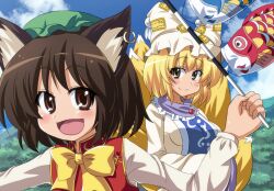  2girls animal_ears blonde_hair bow breasts brown_eyes brown_hair cat_ears cat_tail chen commentary_request earrings fox_ears fox_tail hat jewelry koinobori medium_breasts multiple_girls multiple_tails short_hair smile super_masara tail touhou windsock yakumo_ran yellow_eyes 