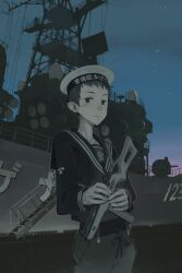  1boy black_hair copyright_request gun hat male_focus night night_sky pork_pie_sailor_hat sailor sailor_hat ship sky solo star_(sky) turret watercraft weapon zaimoku_okiba 