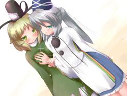  2girls aqua_eyes bad_id bad_pixiv_id blonde_hair breasts brown_hair commentary_request grabbing grabbing_another&#039;s_breast green_eyes grey_hair hat highres japanese_clothes kariginu mille mononobe_no_futo multiple_girls ponytail small_breasts soga_no_tojiko tate_eboshi touhou yuri 