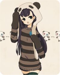  ayu_(mog) bad_id bad_pixiv_id black_hair female headwear_with_attached_mittens long_hair open_mouth panda_hat sasa_kazamori shirt shorts solo striped_clothes striped_shirt thighhighs un-go 