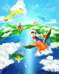  2boys aerodactyl articuno black_hair blue_oak brown_hair cape charizard dragonite fearow hat highres lance_(pokemon) mew_(pokemon) moltres multiple_boys outdoors pokemon pokemon_(creature) pokemon_rgby red_(pokemon) red_hair scyther zapdos 