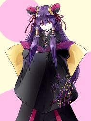  bad_id bad_pixiv_id bun_cover colored_eyelashes cone_hair_bun double_bun female frown hair_bun hair_tubes japanese_clothes jewelry kimono long_hair necklace original print_kimono purple_hair ramuya_(lamb) sidelocks solo yellow_eyes 