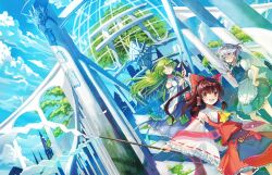  3girls adapted_costume apron architecture ascot bad_id bad_pixiv_id blue_eyes braid brown_hair building cloud detached_sleeves frog gohei green_eyes green_hair grey_hair hair_ornament hair_tubes hakurei_reimu hand_on_own_hip hayama_eishi holding izayoi_sakuya knife kochiya_sanae long_hair maid maid_headdress multiple_girls open_mouth red_eyes ribbon short_hair skirt sky smile snake touhou tree twin_braids 