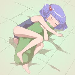  ^_^ bad_id bad_pixiv_id barefoot blue_hair blue_one-piece_swimsuit blush closed_eyes cucumber dakimakura_(object) female hair_bobbles hair_ornament hozumiare hugging_object kawashiro_nitori lying on_side one-piece_swimsuit pillow pillow_hug smile solo swimsuit touhou two_side_up 