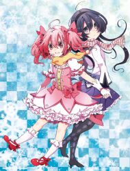  2girls akemi_homura akemi_homura_(magical_girl) back bad_id bad_pixiv_id black_hair blue_background bubble_skirt checkered_background gloves hairband holding_hands interlocked_fingers kaname_madoka kaname_madoka_(magical_girl) light_smile long_hair magical_girl mahou_shoujo_madoka_magica mahou_shoujo_madoka_magica_(anime) multiple_girls pantyhose pink_eyes pink_hair purple_eyes scarf shiroi_hakuto short_hair skirt twintails white_gloves winter 