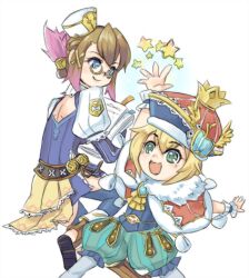  1boy blonde_hair blue_eyes brown_hair chime clavat female final_fantasy final_fantasy_crystal_chronicles final_fantasy_crystal_chronicles:_my_life_as_a_king glasses hat king_leo lolicon lowres selkie simple_background smile 