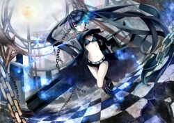  black_hair black_rock_shooter black_rock_shooter_(character) black_shorts blue_eyes boots chains coat commentary_request female flaming_eye glowing glowing_eye highres huge_weapon long_hair midriff navel no_shirt photoshop_(medium) retsuna scar shorts solo sword twintails very_long_hair weapon 