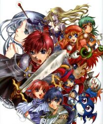  4boys 5girls adol_christin ancient_ys_vanished brandish chris_(eiyuu_densetsu) company_connection creature crossover dela_delon eiyuu_densetsu falcom feena_(ys) gaw_(popful_mail) jurio_(eiyuu_densetsu) mail_(popful_mail) multiple_boys multiple_girls pipiro_(zwei!!) pockle_(zwei!!) popful_mail shiroki_majo tatto_(popful_mail) white_background ys zwei!! 