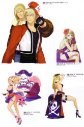  2boys ;d arm_support arm_up armpits artbook artist_name back bare_shoulders baseball_cap belt blonde_hair blue_eyes bracelet breasts canine choker cleavage copyright_name cropped_jacket crossed_legs denim dress eye_contact fatal_fury fatal_fury_cap female fingerless_gloves floating_hair flower garou:_mark_of_the_wolves gloves hair_between_eyes hair_flower hair_ornament hand_on_head hat head_rest hibiscus high_heels highres holding jacket jeans jenet_behrn jewelry jolly_roger kita_senri legs logo long_hair looking_at_another looking_at_viewer looking_back medium_breasts multiple_boys no_bra official_art one_eye_closed open_clothes open_jacket open_mouth outstretched_arms own_hands_together pants pirate pirate_hat red_eyes rock_howard scan senno_aki shoes short_hair side_slit sideboob simple_background sitting skull_and_crossbones smile spread_arms tattoo terry_bogard thigh_strap unworn_hat unworn_headwear white_background wind wind_lift 