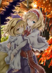  2girls alice_margatroid alice_margatroid_(pc-98) awa_yume blonde_hair blouse blue_dress blue_eyes blue_hairband capelet commentary_request dress dual_persona hair_ribbon hairband hug long_sleeves looking_at_viewer looking_back multiple_girls photoshop_(medium) ribbon sash shirt short_hair skirt sky smile time_paradox touhou touhou_(pc-98) tree yellow_eyes 