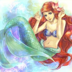  absurdres ariel_(disney) bare_shoulders bikini bikini_top_only blue_eyes commentary_request dated female flower hair_flower hair_ornament highres joshua_drac light_smile long_hair mermaid monster_girl navel photoshop_(medium) red_hair signature smile solo swimsuit the_little_mermaid 