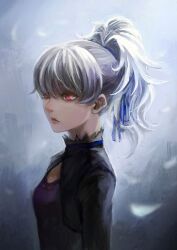  blue_ribbon bryanth commentary_request darker_than_black eyelashes female hair_intakes hair_ribbon high_ponytail highres lips photoshop_(medium) ponytail purple_shirt red_eyes ribbon shirt solo white_hair yin_(darker_than_black) 