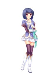  absurdres black_thighhighs blue_hair blush boots crossed_arms detached_sleeves female full_body ganryou hand_on_own_chin highres juliet_sleeves knee_boots koihime_musou long_sleeves looking_at_viewer pleated_skirt puffy_sleeves purple_eyes saeki_hokuto short_hair skirt smile solo thighhighs transparent_background white_footwear zettai_ryouiki 