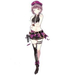  belt beret blush boots brown_eyes chain_belt crop_top damaged defeat domotolain earrings female fingerless_gloves full_body girls&#039;_frontline gloves gun handgun hat holding holding_gun holding_weapon jewelry looking_at_viewer midriff navel official_art purple_hair purple_skirt shirt short_hair single_thighhigh skindentation skirt sleeveless sleeveless_shirt solo thighhighs torn_clothes torn_shirt torn_thighhighs transparent_background type_92_(girls&#039;_frontline) type_92_(handgun) weapon 