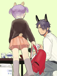  1boy aged_down animal_ears backpack bad_id bad_pixiv_id bag beard bowl facial_hair father_and_daughter female higebu highres inazuma_eleven inazuma_eleven_(series) kudou_fuyuka kudou_michiya photoshop_(medium) purple_hair randoseru rice_bowl short_hair short_twintails skirt tail twintails 