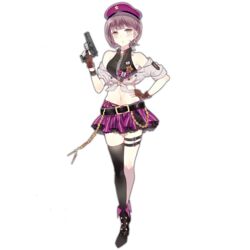  belt beret blush boots brown_eyes chain_belt crop_top domotolain earrings female fingerless_gloves front-tie_top full_body girls&#039;_frontline gloves gun hand_on_own_hip handgun hat holding holding_gun holding_weapon jewelry looking_at_viewer medal midriff navel off_shoulder official_art purple_hair purple_skirt shirt short_hair single_thighhigh skindentation skirt sleeveless sleeveless_shirt solo thighhighs tied_shirt transparent_background type_92_(girls&#039;_frontline) type_92_(handgun) weapon 