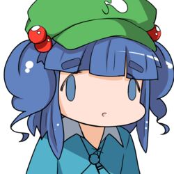  ai_mai_mii bad_link blue_eyes blue_hair blue_shirt face_of_the_people_who_sank_all_their_money_into_the_fx_(meme) female flanvia hair_bobbles hair_ornament hat kawashiro_nitori key long_sleeves meme open_mouth parody shirt short_hair simple_background solo style_parody touhou two_side_up upper_body white_background 