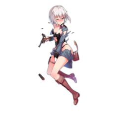  black_panties blush boots brown_eyes brown_footwear covering_crotch covering_privates damaged defeat fangdan_runiu female full_body girls&#039;_frontline gloves gun handgun highleg highleg_panties holding holding_gun holding_weapon knee_boots looking_at_viewer luger_p08 official_art p08_(girls&#039;_frontline) panties short_hair skirt solo thigh_strap torn_clothes torn_skirt transparent_background underwear weapon white_hair 