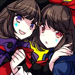  2girls :d :o bad_id bad_link bad_twitter_id bow brown_hair cape facial_mark hairband hand_on_another&#039;s_shoulder hat long_sleeves looking_at_viewer lowres mitan_ake multiple_girls open_mouth purple_eyes red_eyes rikken_(terra_battle) short_hair siblings simple_background sisters smile terra_battle twins witch_hat yellow_background yukken_(terra_battle) 