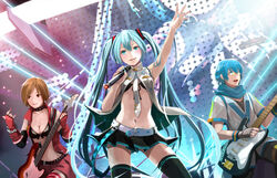  1boy 2girls aqua_eyes aqua_hair armpits bass_guitar bikini bikini_top_only blue_eyes blue_hair breasts brown_eyes brown_hair cleavage commentary_request electric_guitar elrowa front-tie_top glasses guitar hatsune_miku highres instrument kaito_(vocaloid) long_hair medium_breasts meiko_(vocaloid) microphone midriff miniskirt multiple_girls navel necktie short_hair skirt smile swimsuit thighhighs twintails very_long_hair vocaloid whammy_bar zettai_ryouiki 