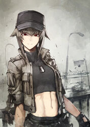  abs baseball_cap braid brown_hair dog_tags female fence gloves hat helevu hetza_(hellshock) long_hair looking_at_viewer midriff military military_vehicle motor_vehicle navel original railing red_eyes solo tank 