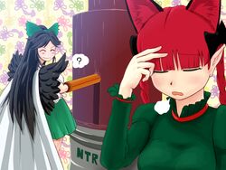  2girls ? animal_ears arm_cannon bird_wings black_hair black_wings bow braid cape cat_ears chocolate_fountain closed_eyes commentary_request cr4781 dress extra_ears green_dress grin hairbow hand_on_forehead kaenbyou_rin long_hair multiple_girls pocky_day pointy_ears red_hair reiuji_utsuho sigh skirt smile spoken_question_mark touhou twin_braids weapon wings 