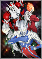  armor bodysuit commentary_request crossed_arms fiery_hair fujisawa_naoyuki glenfire glowing glowing_eyes helmet jean-bot looking_at_viewer machinery mecha mirror_knight_(ultra_series) muscular no_humans robot space sparkle star_(symbol) ultra_series ultraman_zero ultraman_zero_the_movie ultraman_zero_the_movie_choukessen!_belial_ginga_teikoku yellow_eyes 