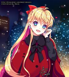  :d aino_minako amick_(americanomix) artist_name bad_id bad_pixiv_id bishoujo_senshi_sailor_moon black_bow blonde_hair blue_eyes blush bow bowtie cityscape coat commentary earrings female hairbow half_updo heart jewelry long_hair looking_at_viewer multicolored_eyes night open_mouth red_bow smile solo symbol-only_commentary symbol-shaped_pupils very_long_hair watermark web_address winter winter_clothes winter_coat 