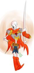  alternate_universe animated_skeleton armor bone boots cape clothed clothing fantasytale footwear gloves handwear hi_res humanoid male melee_weapon not_furry papyrus_(undertale) rapier skeleton smile solo sword theatomicpumpkin undead undertale undertale_(series) weapon 