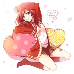  commentary_request female frilled_pillow frills heart jacket kneehighs love_live! love_live!_school_idol_project nishikino_maki open_clothes open_jacket pillow purple_eyes red_hair short_hair skirt socks solo striped_clothes striped_socks yuzucky 