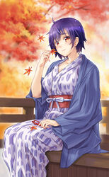  autumn autumn_leaves blush breasts cleavage collarbone commentary_request female glasses hall_c_(sunshine_creation) highres holding holding_removed_eyewear japanese_clothes kimono kiyama_satoshi large_breasts leaf official_art purple_hair red-framed_eyewear sitting smile solo sunshine_creation unworn_eyewear yagasuri yukata 