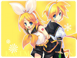  1boy arm_warmers arms_behind_back back-to-back back_to_back belt blonde_hair blouse blue_eyes bow boy boy_and_girl female female girl hairbow hands_behind_back headset kagamine_len kagamine_rin lace-trimmed_blouse looking_back male necktie open_mouth sailor_collar school_uniform serafuku shirt short_hair short_sleeves shorts simple_background sleeveless sleeveless_blouse smile snowflake snowflakes vocaloid white_shirt yellow_background 