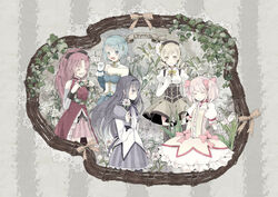  5girls akemi_homura akemi_homura_(magical_girl) bad_id bad_pixiv_id black_hair blonde_hair blue_eyes blue_flower blue_hair bow closed_eyes comu. detached_sleeves drill_hair flower flower_wreath freesia_(flower) friends gloves grin hairband hairbow head_wreath holding holding_flower holding_wreath kaname_madoka kaname_madoka_(magical_girl) lily_(flower) lily_of_the_valley long_hair magical_girl mahou_shoujo_madoka_magica mahou_shoujo_madoka_magica_(anime) miki_sayaka miki_sayaka_(magical_girl) multiple_girls muted_color photoshop_(medium) pink_flower pink_hair ponytail purple_eyes red_hair rose rose_of_sharon sakura_kyoko sakura_kyoko_(magical_girl) short_hair short_twintails skirt smile thighhighs tomoe_mami tomoe_mami_(magical_girl) twin_drills twintails white_flower white_lily white_rose wreath yellow_eyes zettai_ryouiki 