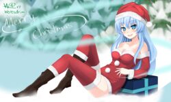  :d bad_id bad_pixiv_id bare_shoulders blue_eyes blue_hair boots breasts christmas cleavage collarbone commentary_request female fir_tree full_body fur_trim gift hat highres kami_jigen_game_neptune_v kiseijou_rei leaning_back long_hair long_sleeves looking_at_viewer medium_breasts neptune_(series) open_mouth outdoors red_thighhighs santa_costume santa_hat sitting smile solo symbol-shaped_pupils thighhighs tree weresdrim 