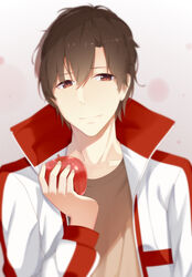  1boy absurdres apple black_hair blurry brown_eyes chinese_commentary collarbone commentary_request depth_of_field eyes_visible_through_hair food fruit hair_between_eyes highres holding holding_food holding_fruit jacket jyt looking_at_viewer male_focus quanzhi_gaoshou solo upper_body ye_xiu 