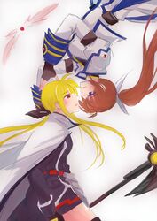  2girls bardiche barrier_jacket blonde_hair blush brown_hair couple fate_testarossa flying hair_ornament happy incipient_kiss lyrical_nanoha magical_girl mahou_shoujo_lyrical_nanoha mahou_shoujo_lyrical_nanoha_strikers mahou_shoujo_lyrical_nanoha_vivid multiple_girls open_mouth purple_eyes raising_heart red_eyes ribbon side_ponytail simple_background smile takamachi_nanoha thighhighs thighs twintails upside-down white_background yuri 