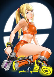  alternate_costume ass breasts daniel_macgregor gun halter_top halterneck high_heels legs long_legs metroid samus_aran shorts solo sports_bra super_smash_bros. thighs weapon 