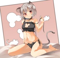  adapted_costume animal_band_panties animal_cutout animal_ears bad_id bad_twitter_id black_bra black_panties blush bra breasts cat_lingerie cleavage cleavage_cutout clothing_cutout collar collarbone female grey_hair hasebe_yuusaku medium_breasts meme_attire mouse_cutout mouse_ear_panties mouse_ears mouse_lingerie mouse_tail navel nazrin panties parody red_eyes short_hair side-tie_panties sitting solo tail touhou underwear untied wariza 