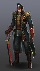  1boy astra_militarum bolt_pistol bolter boots chainsword commentary_request commissar epaulettes eyepatch full_body gun hat highres holding holding_gun holding_weapon lieqi_hun male_focus military military_uniform monocle open_clothes ornate photoshop_(medium) solo standing sword uniform warhammer_40k weapon 