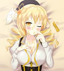  beret blonde_hair breasts cleavage commentary_request drill_hair female hair_ornament hat honey large_breasts magical_girl mahou_shoujo_madoka_magica mahou_shoujo_madoka_magica_(anime) one_eye_closed puffy_sleeves sexually_suggestive solo tamago_kago tomoe_mami tomoe_mami_(magical_girl) yellow_eyes 